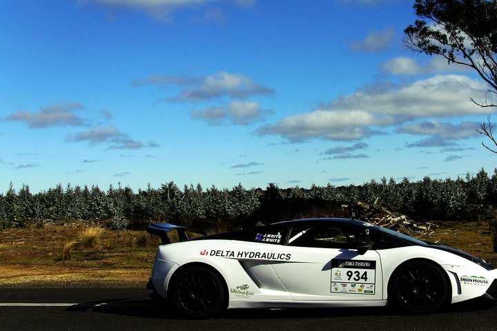 A car on a closed-road stage of Targa Tasmania