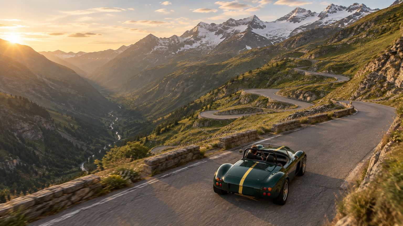 A small green mid-engined roadster climbing an alpine pass at sunrise