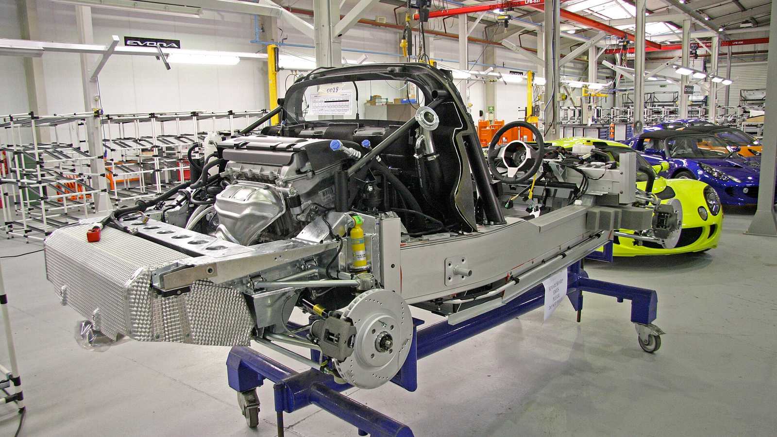 A Lotus rolling chassis on the production line