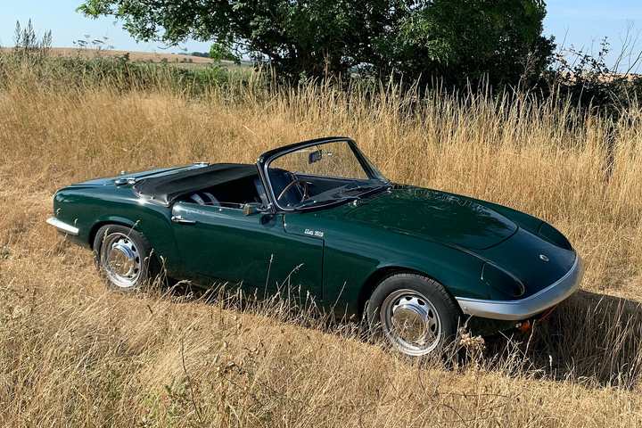A dark green Lotus Elan 1600 roadster with its hood down, parked in long dry grass beside a tree