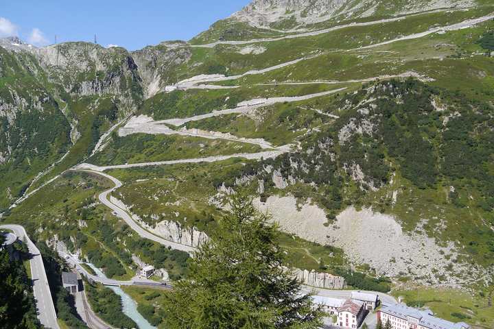 The view from the Furka Pass across to the hairpins of the Grimsel Pass