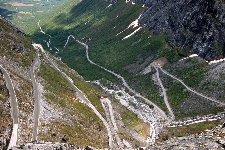 The eleven hairpin bends of Trollstigen seen from the upper viewing platform